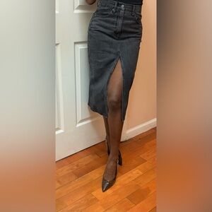 H&M Washed Black Denim Midi Skirt with Front Slit